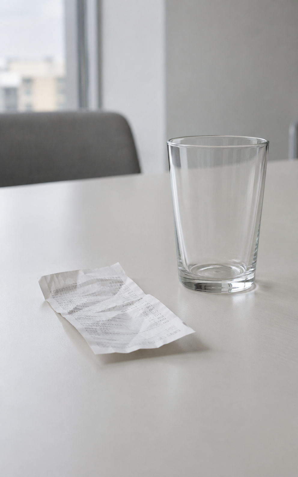 An empty water glass and a crumpled receipt on a quiet office table in natural daylight